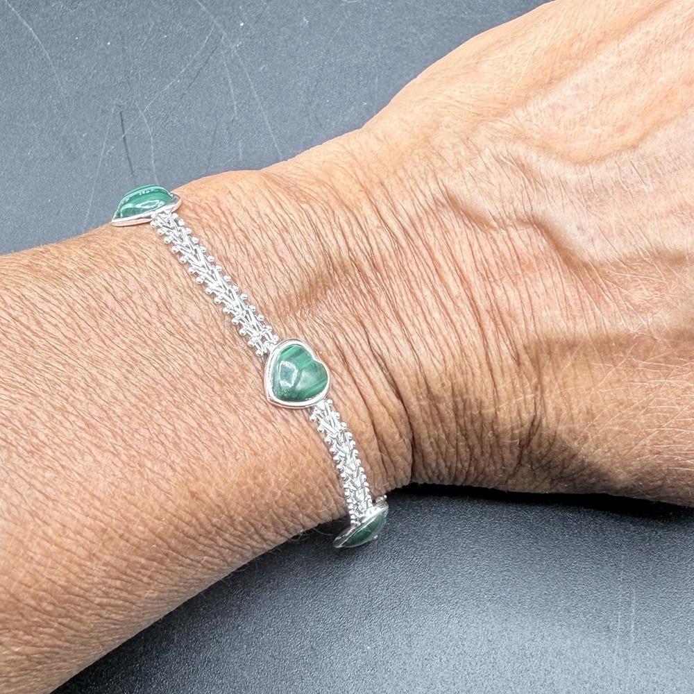 925 Sterling Silver Malachite Heart Link Chain Bracelet 8" Green Stone VTG - Picture 2 of 9